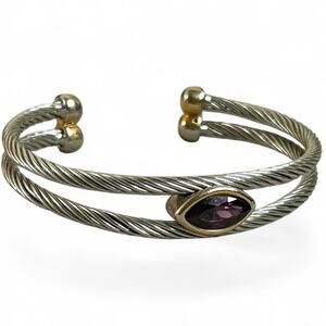 Cable Bracelet Cuff Two Tone Purple Center Faceted Center Gold and Silver Tones